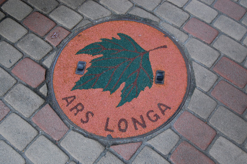 「ARS LONGA」とプラタナスの葉が描かれたマンホール